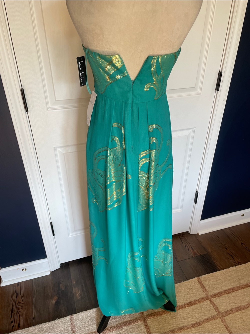 NWT Silk Nicole Miller Teal Strapless Maxi Dress Gold Foil Detail Size 6 - Picture 6 of 14